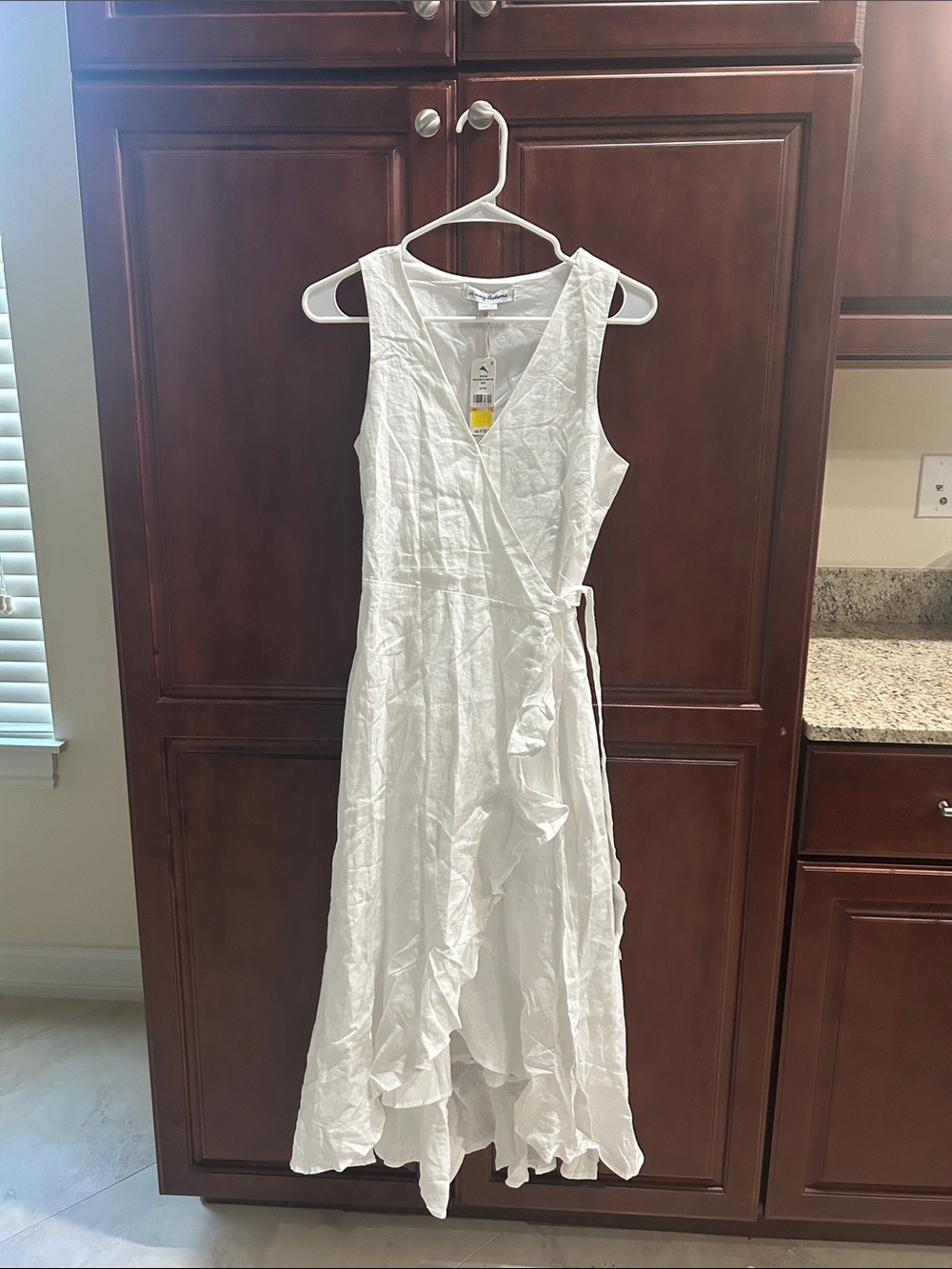 Tommy Bahama White Linen Wrap Midi Dress with Ruffle Hem